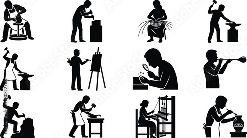 Tableau sur toile Traditional Craft Icon Collection with Pottery Glassblowing Woodworking Weaving