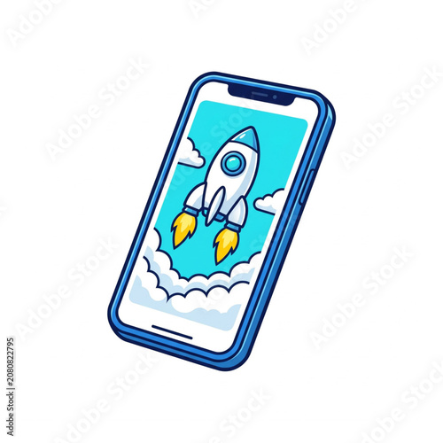 Mobile Rocket Launch: A smartphone displays a stylized rocket soaring through the clouds, symbolizing innovation, speed, and the launch of new technology.