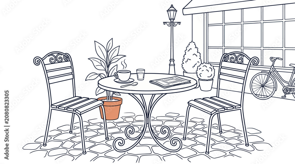 Fototapeta premium European Sidewalk Cafe Line Art Illustration