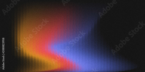 Obraz na plátně Dark black abstract background featuring a smooth vertical color gradient shifting from warm golden yellow to fiery red to vivid cool blue, covered in subtle grainy noise, vertical light streaks