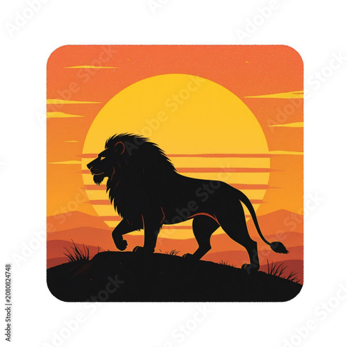 Majestic Lion at Sunset: A powerful lion stands silhouetted against a vibrant sunset, its mane flowing in the warm breeze, embodying strength and wild beauty.