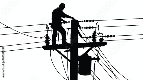A worker climbs an electricity pylon repairing lines at night