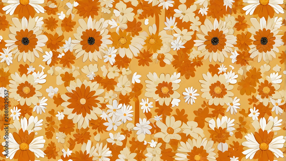 seamless floral pattern, Ditsy retro daisy flower pattern 1970s aesthetic pastel orange and butter yellow