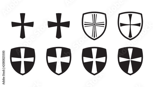 Canvastavla Set of black heraldic shield icons featuring various medieval cross designs on transparent background