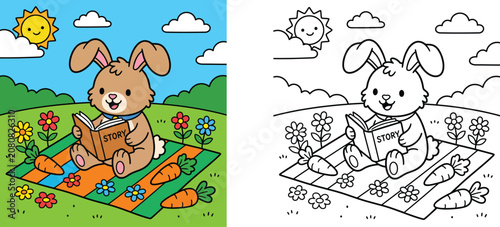 Принти на полотні Cute rabbit reading storybook on picnic blanket coloring page vector template, c