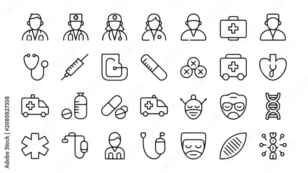 Fototapeta premium Healthcare and Medical Professions Line Icons Set