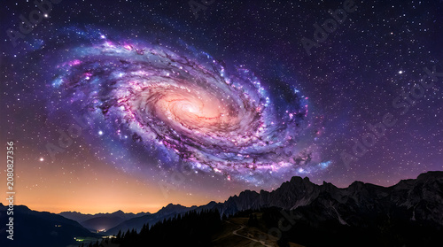 Spiral galaxy over mountain range stunning natural cloud formation in night sky