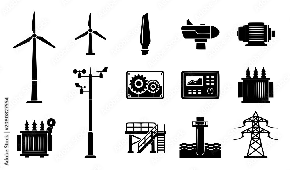 Fototapeta premium Wind Energy Generation and Power Grid Infrastructure Icon Set Featuring Wind Turbines Anemometer Transformers Pylon Monitor and Mechanical Components Vector Graphic