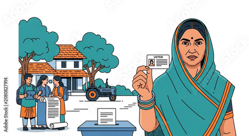 Rural Indian woman holding voter ID card near ballot box with village background and students illustration