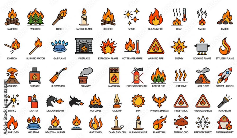 Obraz premium Fire flame icon set with editable stroke modern vector collection