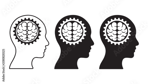 Vector icon set of human profile head with brain and gear mechanism representing intelligence thoughts.