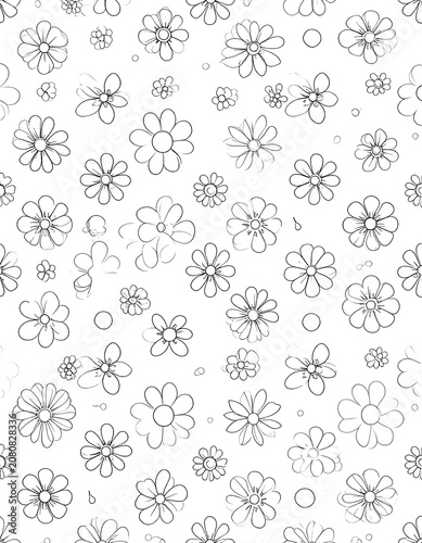 A seamless pattern featuring various simple line-drawn flowers in different sizes and styles on a white background