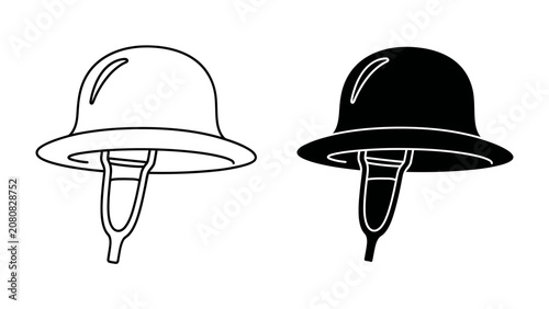 Cuadro en lienzo Vintage Helmets Icon: A graphic representation of two vintage-style helmets, one outlined in black and the other a solid silhouette, symbolizing historical protection or military apparel