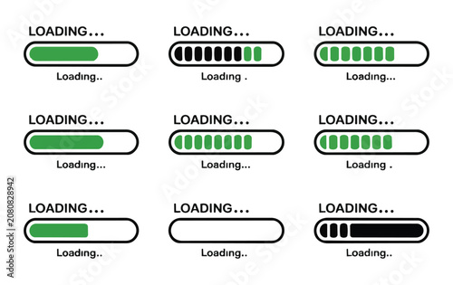 Set of modern progress bar designs for web and mobile interfaces featuring loading status elements with green indicator bars on transparent backgrounds for software.