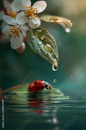 The Golden Drop: Enchanted Dawn with Ladybug on Dewy Leaf