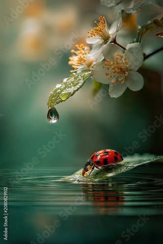 The Golden Drop: Enchanted Dawn with Ladybug on Dewy Leaf