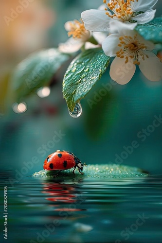 The Golden Drop: Enchanted Dawn with Ladybug on Dewy Leaf