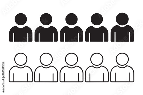 Collection of human silhouettes for user profile icons in various line styles. featuring solid black silhouettes and thin line art outlines for identity management and user contact interface designs.