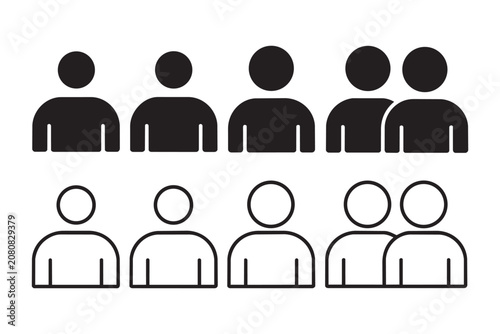Collection of black solid and outline human silhouettes representing user profiles, team members, community group, and person icons for digital interface.