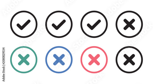 Check mark and cross symbol set with circular frames in various colors graphic. signs inside circles representing approval rejection correct and incorrect options.