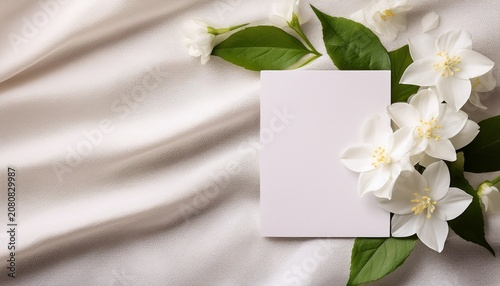 Gentle White Jasmine Flowers Postcard With Card View From Above Delicate White Linen Background Copy Space For The Wedding Birthday Party Or Other Celebration
