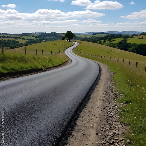 A winding road traverses a lush green countryside landscape under a blue sky