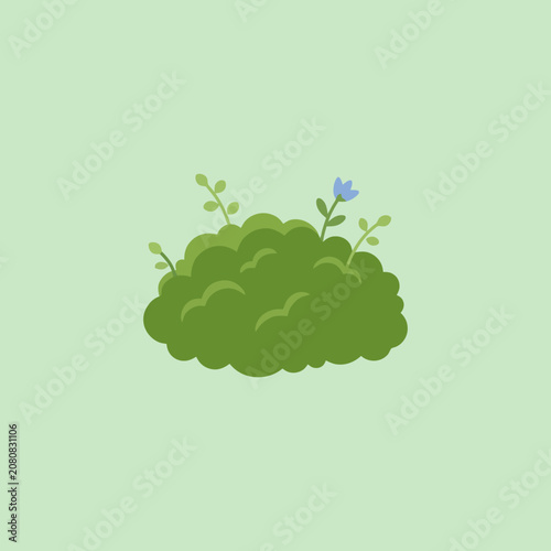 Minimalist green bush illustration with a tiny blue flower
