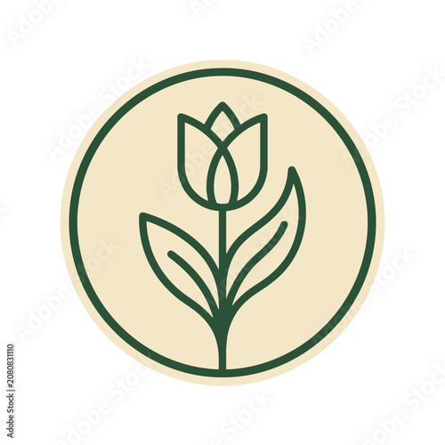 Minimalist green tulip flower icon in a circular frame