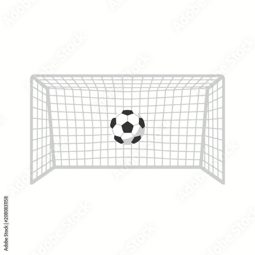 A black and white soccer ball flies into a gray goal net