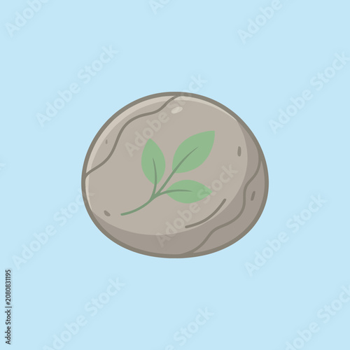 A simple illustration of a round stone with a green leaf icon