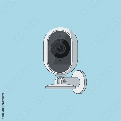 A modern white security camera is mounted on a blue wall