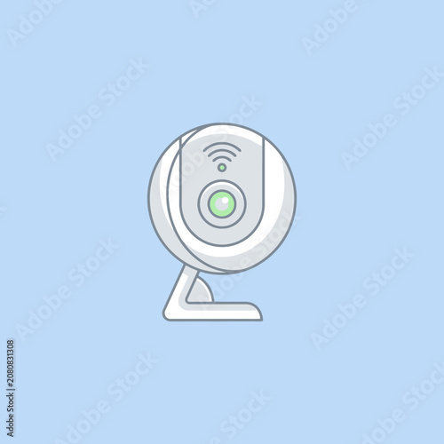 A modern white wireless security camera on a blue background