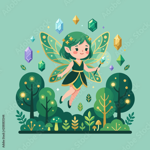 Cute cartoon fairy flying in a magical forest with crystals