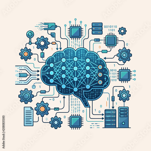 Vector illustration of a digital brain and neural network