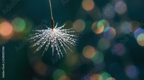 A single dandelion seed with water droplets macro photography on a dark background with colorful bokeh light circles