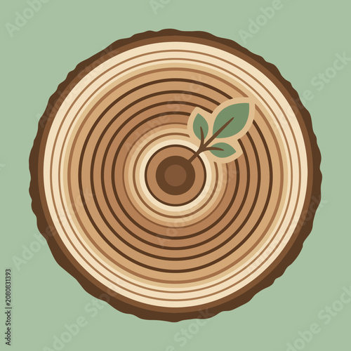 A cross section of a tree trunk with a small green leaf