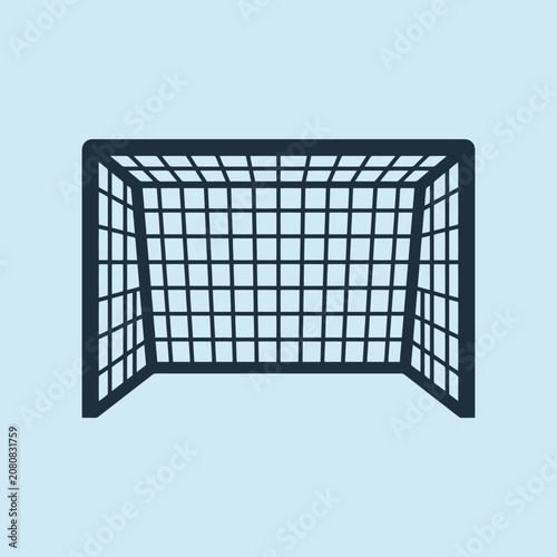 Simple dark blue soccer goal net icon on a light blue background