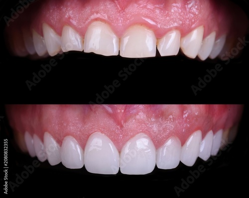 Dental smile design and Hollywood smile. Aesthetic treatment of crooked and deformed teeth using porcelain veneers, aesthetic fillings, and zirconium crowns.