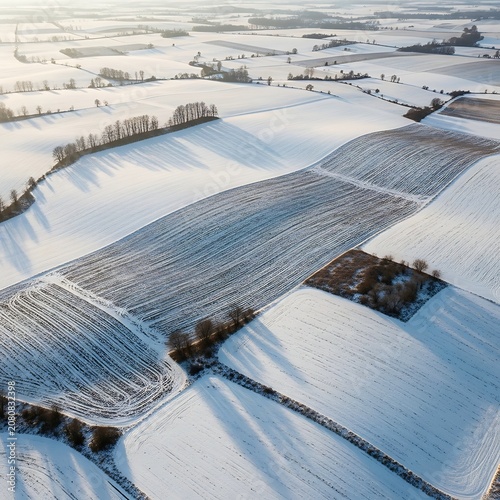 Aerial view of snow-covered rolling hills and fields divided by stone walls and trees