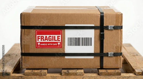 Cardboard box with fragile sign and barcode on wooden pallet. Secure package ready for shipment and delivery.