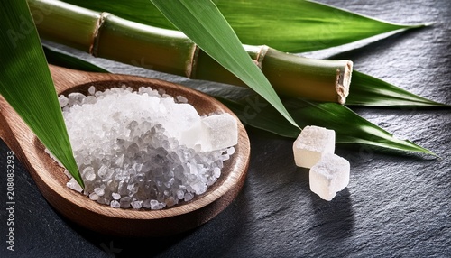 Sparkling Natural Rock Sugar Crystals And Green Bamboo Leaves On Dark Slate Background
