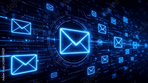 Cybernetic email icons glow against a dark, digital backdrop. Light trails pulse around floating message symbols in a futuristic grid