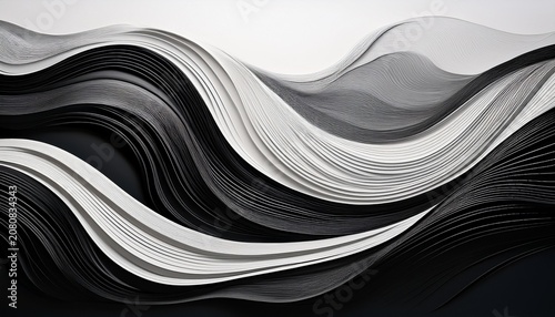 Abstract Flowing Black And White Wavy Lines With Varying Thickness And Texture On A White Background