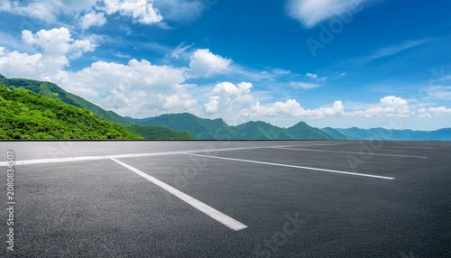 Empty Parking Lot Overlooks Layers Of Green Mountains Under A Vast Blue Sky With Fluffy White Clouds Nature Landscape