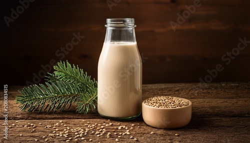 A Glass Bottle Of Creamy Plant Based Beverage Sits Beside A Small Bowl Of Beige Colored Seeds And A Sprig Of Evergreen On A Rustic Wooden Surface