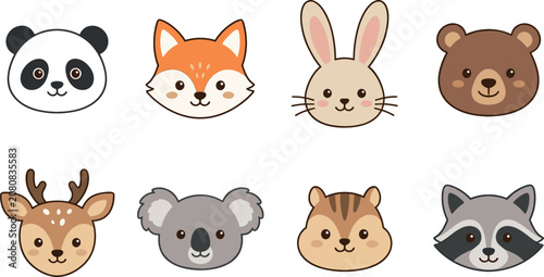 Photography Cute Animal Face Icon Set with Panda, Fox, Rabbit, Bear, Deer, Koala, Chipmunk,