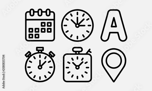 Date, time and address icon set, reminder calendar, clock, stopwatch timer, location pin signs, business schedule signs