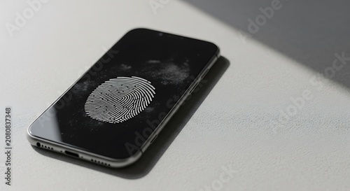 Sleek black smartphone with silver logo on white surface.
