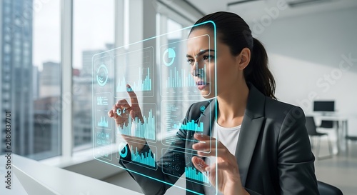 Woman working on laptop in modern office with city view.