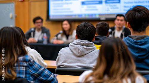 Local versus abroad volunteering debate unfolds at a university student union panel, three speakers at a long table facing an engaged audience of young adults, presentation slides behind them compar